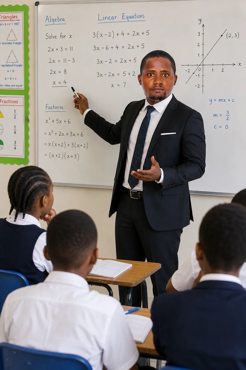 Teacher Boen teaching algebra and linear equations in class