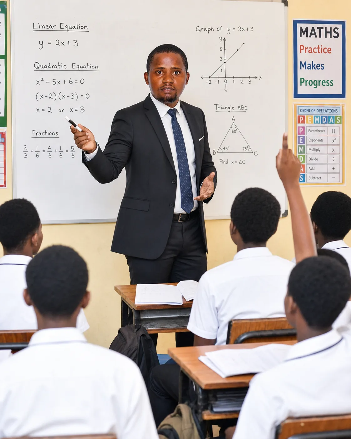 Teacher Boen giving step-by-step board explanations in a CBC mathematics class with face visible
